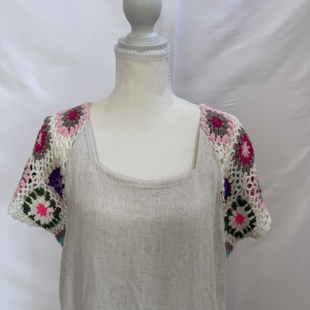 Umgee Oatmeal Linen Blend Short Crochet Sleeve Fringed  Shift Dress with Pockets